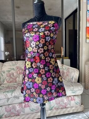 Floral Sequin Mini Dress - Black with Multicolor Flowers
